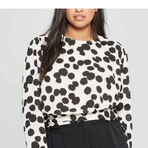 Who What Wear Blouse. Blotch Polka Dot. Long sleeve. Black on cream. Size M. EUC